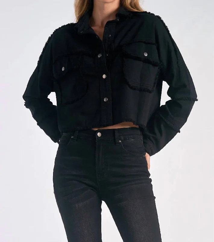 Women's Cropped Rock And Love Jacket In Black Satin Fabric Silk Fabric Chiffon Fabric