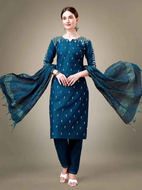 Women's Morpich Cotton Blend Embroidery & Sequence Work Kurta With Trouser & Dupatta - Jyoti Fashion Trousers Yoga Stretchy