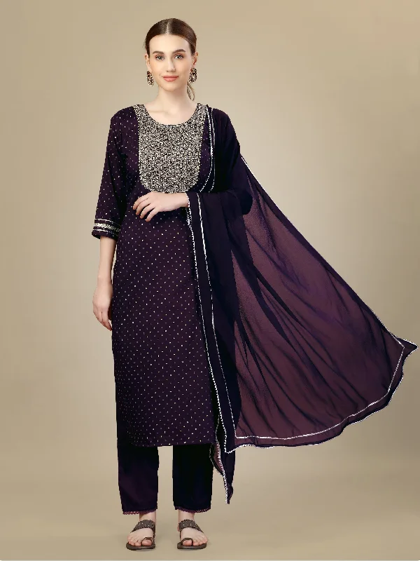 Women's Purple Silk Blend Embroidery & Sequence Work Kurta With Trouser & Dupatta - Jyoti Fashion Trousers Occasion Special