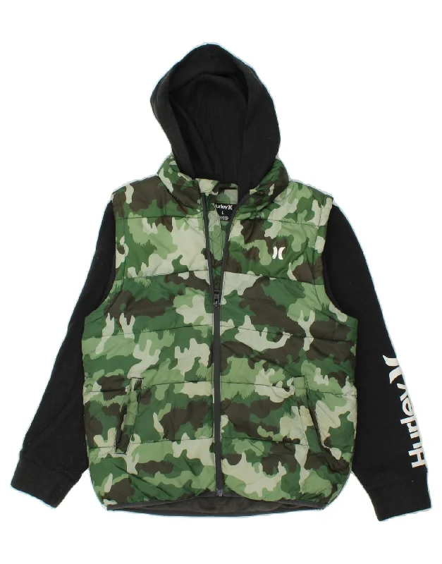 HURLEY Womens Graphic Hooded Padded Jacket UK 16 Large Green Camouflage Cotton Jacket Linen Jacket Terry Jacket