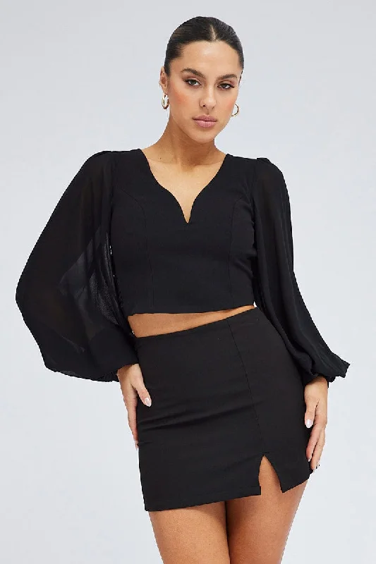 Black Crop Top Long Balloon Sleeve Backless Plunge Top Sequined Glittery Shiny
