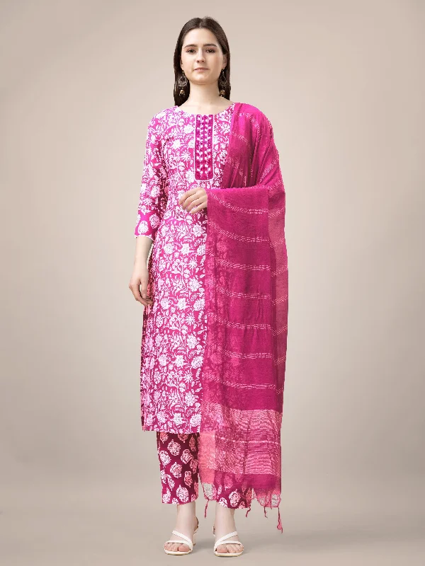 Women's Pink Rayon Print With Embroidery & Fancy Lace Work Kurta With Trouser & Dupatta - Jyoti Fashion Trousers versatile all-occasion