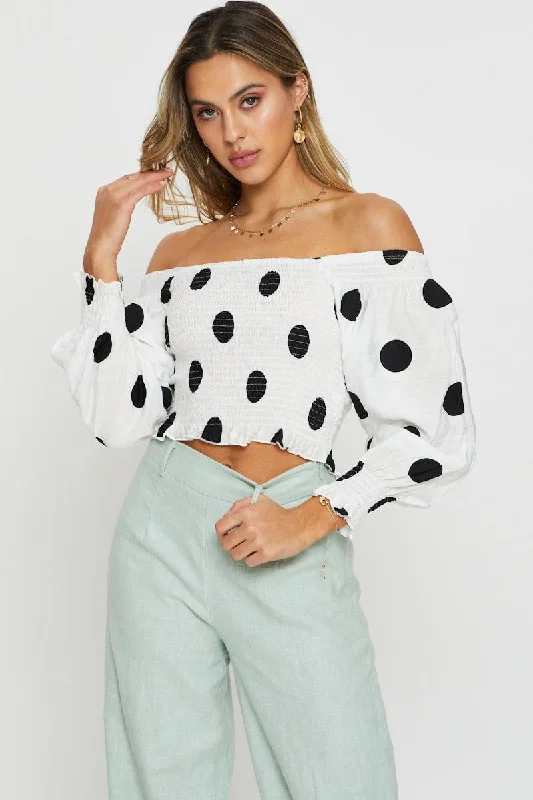 Polka Dot Crop Top Long Sleeve Off Shoulder Front Pockets Side Pockets Patch Pockets