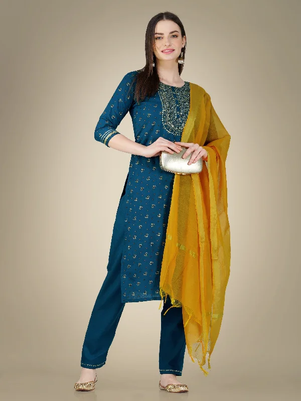 Women's Morpich Cotton Magic Slub Embroidery & Sequence Work Kurta With Trouser & Dupatta - Jyoti Fashion Trousers Plaid Checkered