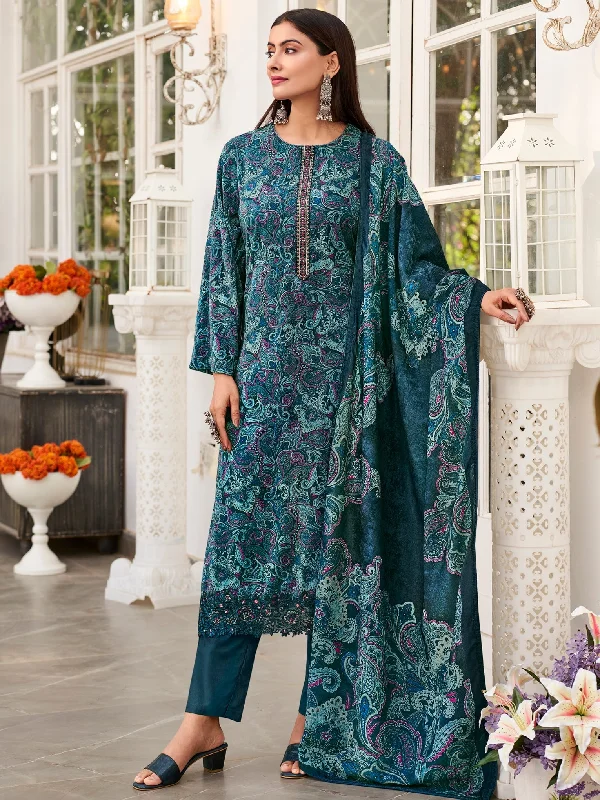 Women's Navy Blue Velvet Digital Print With Resham Thread Work Kurta With Trouser & Dupatta - Jyoti Fashion Trousers Summer Linen