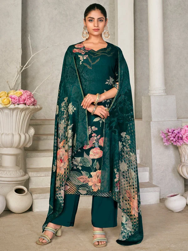 Women's Green Pashmina Floral Digital Printed Kurta With Trouser & Dupatta - Jyoti Fashion Trousers Striped Patterned