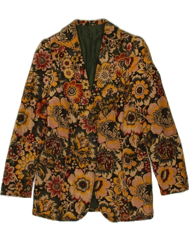 VINTAGE Womens 1 Button Blazer Jacket UK 12 Medium Multicoloured Floral Cotton Fabric Linen Fabric Terry Fabric