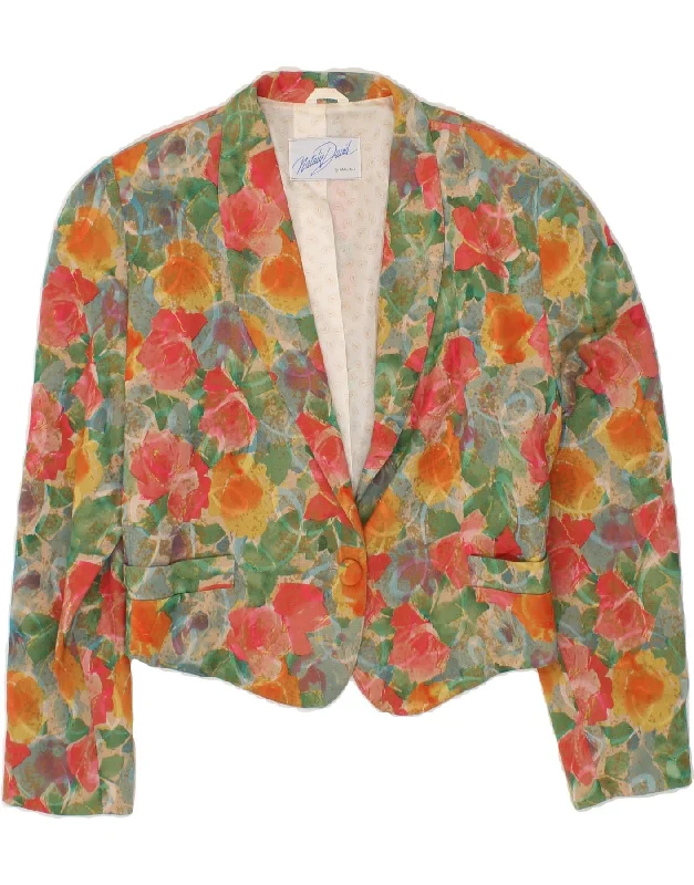 VINTAGE Womens Crop 1 Button Blazer Jacket UK 14 Medium Green Floral Satin Fabric Silk Fabric Chiffon Fabric