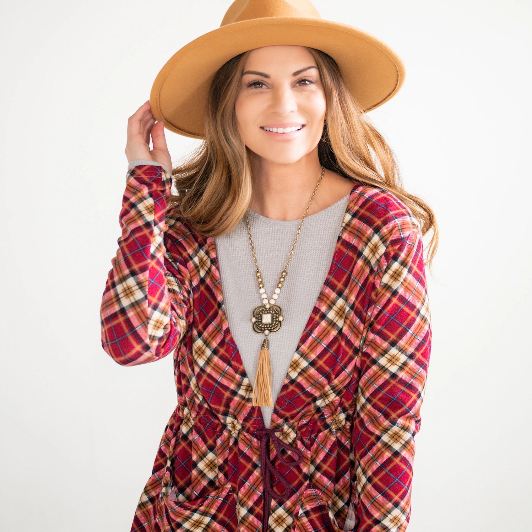 Tie Front Plaid Jersey Knit Cardi Textured Jersey Blouse