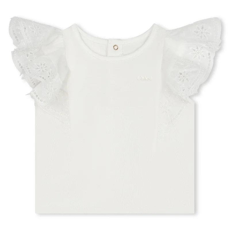 White Jersey Top with Eyelet Trim Textured Jersey Blouse