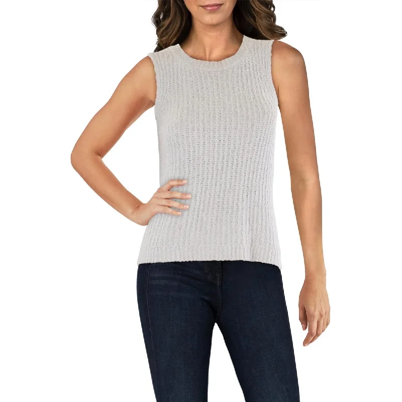 Womens Crewneck Ribbed Tank Top Sweater Embroidered Appliqued Beaded