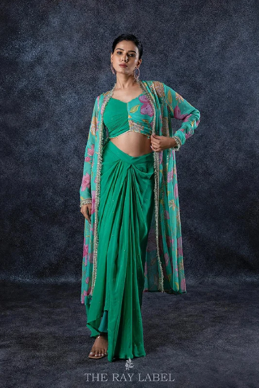 Jade Green Pre Draped Skirt Set silk skirt smooth