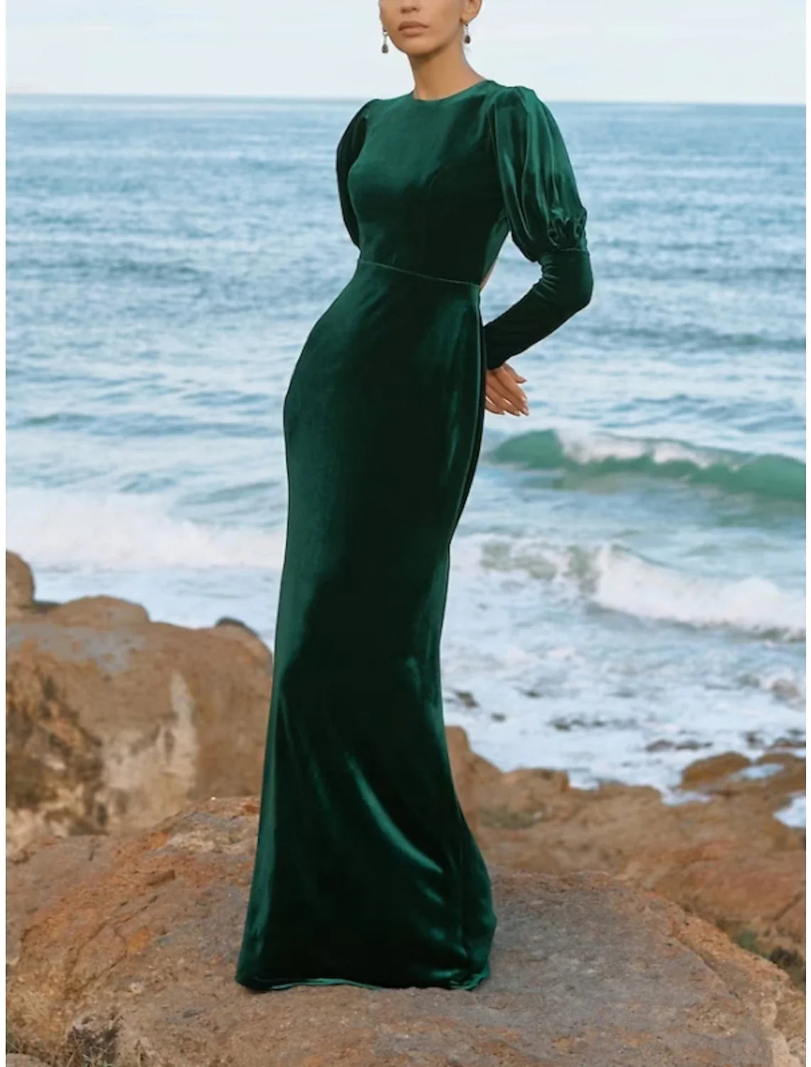 A-Line Evening Gown Elegant Dress Formal Fall Floor Length Long Sleeve Jewel Neck Velvet with Ruched Tunics Handmade artisanal A-Line Evening Gown Elegant Dress Formal Fall Floor Length Long Sleeve Jewel Neck Velvet with Ruched Tunics Handmade artisanal