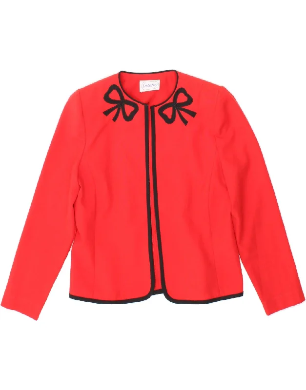 LESLIE FAY Womens 3/4 Sleeve Open Blazer Jacket UK 14 Medium Red Satin Jacket Silk Jacket Chiffon Jacket