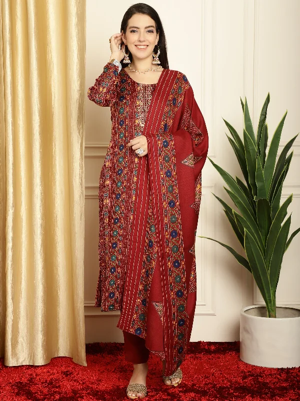 Women's Maroon Pashmina Floral Digital Printed Kurta With Trouser & Dupatta - Jyoti Fashion Trousers Top Rated