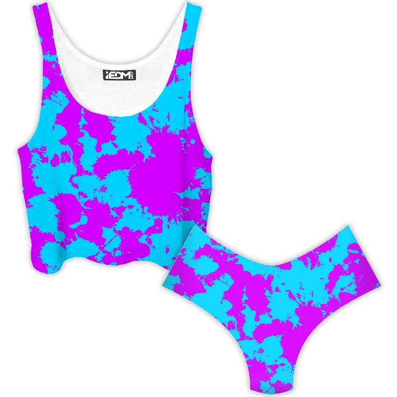 Blue and Purple Paint Splatter Crop Top and Booty Shorts Combo Anti-Pilling Machine Wash Handmade