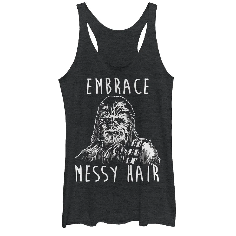 Women's Star Wars Chewbacca Embrace Messy Hair Racerback Tank Top teal tank top