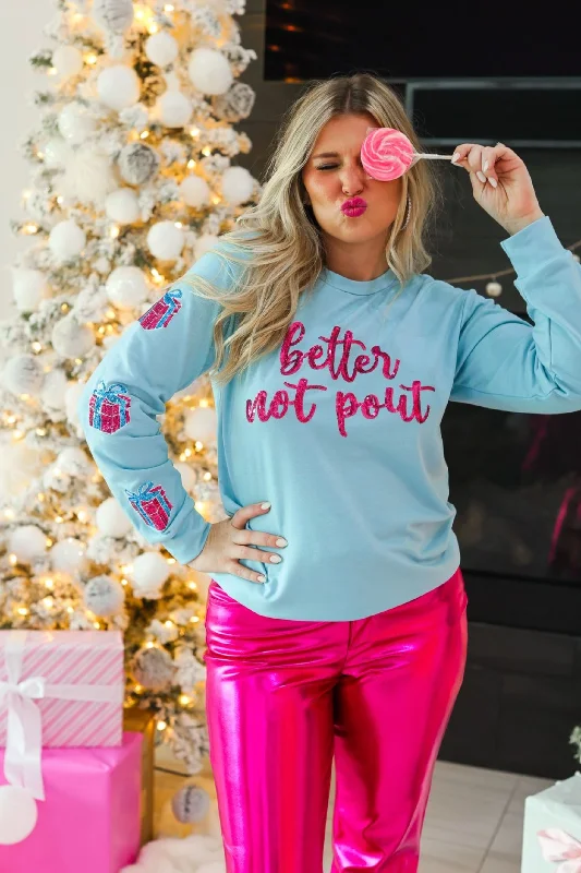 Better Not Pout Sequins (Blue) Sweater Hooded Sweater Collared Sweater Shawl Collar