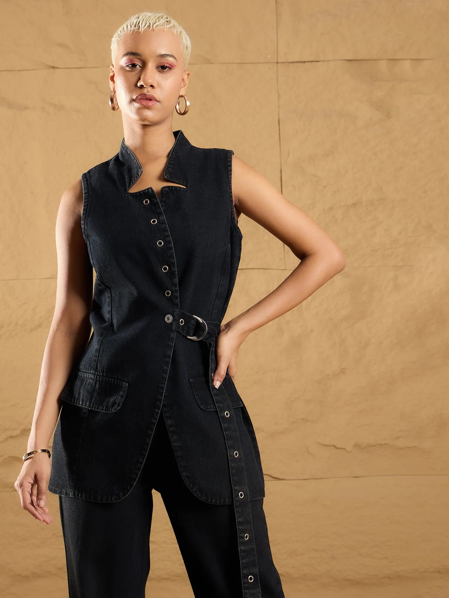 Women Black Wash Denim Eyelet Sleeveless Jacket-SFJCKT6929 Wool Jacket Cashmere Jacket Tweed Jacket