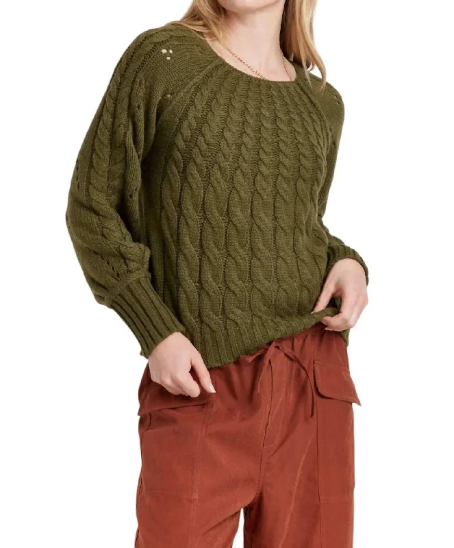 Paulette Cable Knit Sweater In Vineyard Satin Fabric Silk Fabric Chiffon Fabric