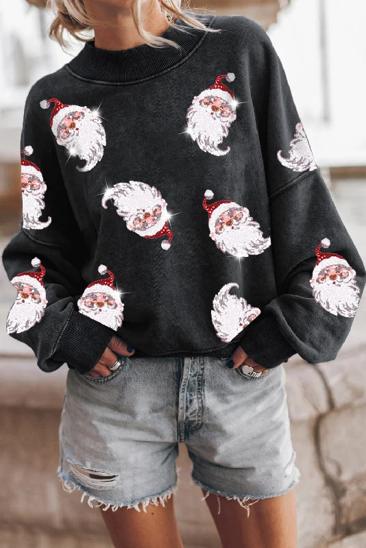 Sequin Santa Round Neck Drop Shoulder Sweatshirt Hoodie with High Neck Warm Protective