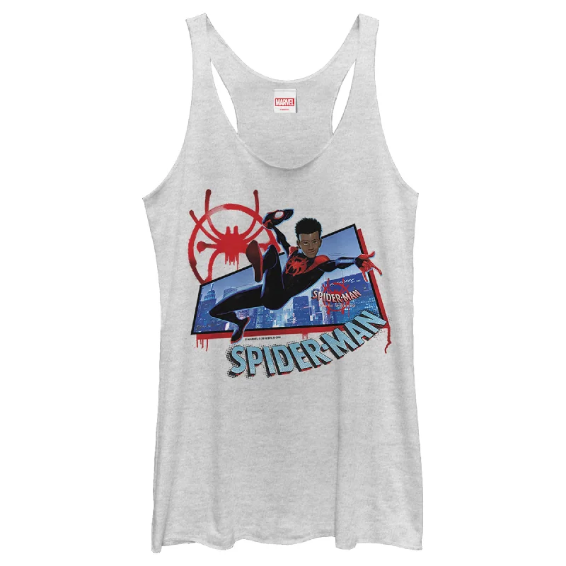 Women's Marvel Spider-Man Spiderverse Miles Kick Above City Racerback Tank Top layering tank top Women's Marvel Spider-Man Spiderverse Miles Kick Above City Racerback Tank Top layering tank top