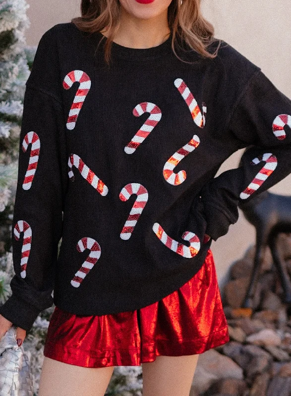 Peppermint Pop Sequin Candy Cane Corded Sweater Chenille Blend Fleece Blend Nylon Blend