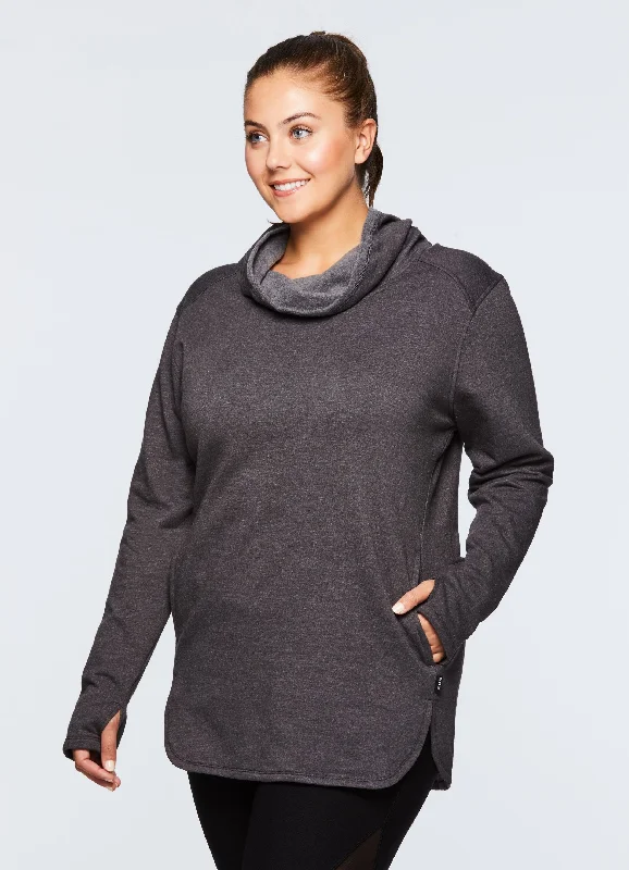 Plus Studio Fleece Long Sleeve Cowl Neck Tunic Sweatshirt Hoodie with Frayed Bohemian Relaxed