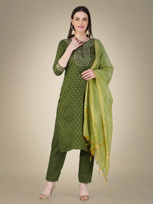Women's Mehendi Cotton Magic Slub Embroidery & Sequence Work Kurta With Trouser & Dupatta - Jyoti Fashion Trousers Floral Bohemian