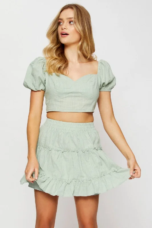 Green Crop Top Short Sleeve Polka Dot Checkered Tartan