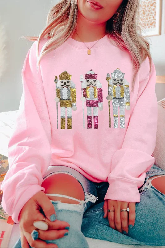 Pink Christmas Nutcracker Patched Drop Shoulder Sweatshirt Hoodie with Pattern Geometric Abstract