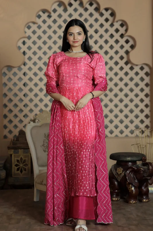 Women's Pink Muslin Floral Print With Crush Pleating Kurta With Trouser & Dupatta - Jyoti Fashion Trousers Review Highly