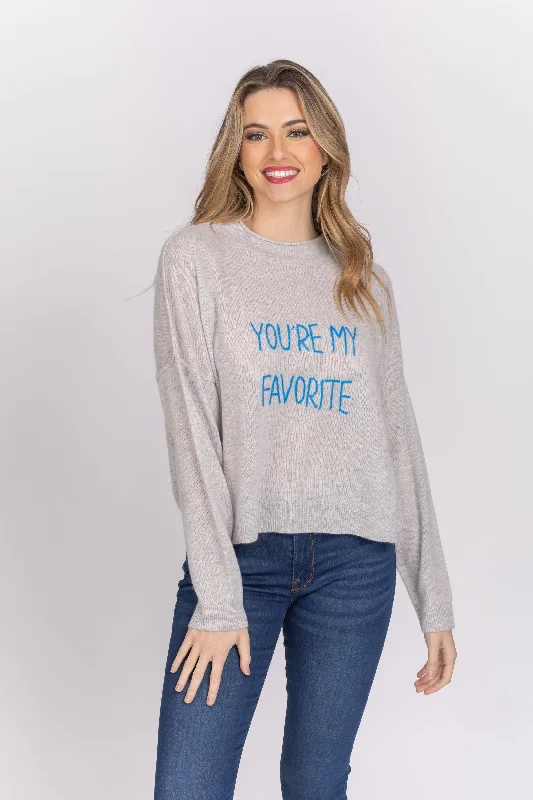 Golden Sun You're My Favorite Crew Neck Cashmere Sweater in Grey-Bright Blue Notch Collar Peter Pan Collar Cowl Neck