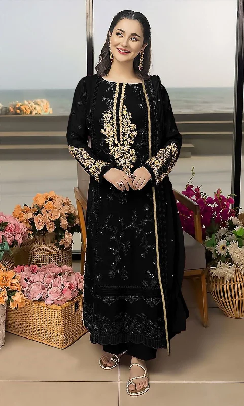 Women's Black Faux Georgette Embroidered Kurta With Trouser & Dupatta - Jyoti Fashion Trousers Pleated Formal