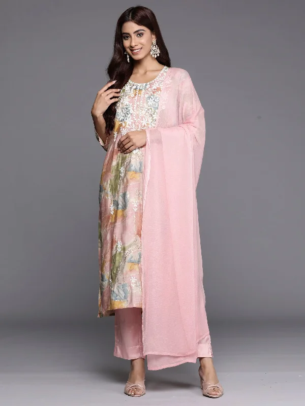 Women's Multi Embroidered Straight Kurta Trousers With Dupatta Set - Indo Era Trousers Silk Elegant