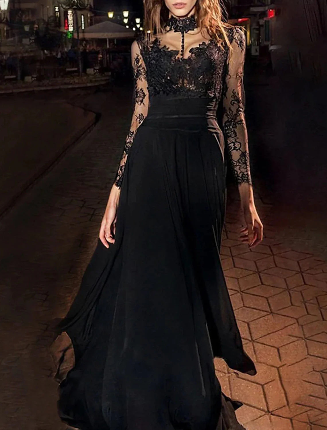 A-Line Evening Gown Vintage Dress Masquerade Floor Length Long Sleeve High Neck Black Dress Chiffon with Appliques Tunics Party sparkling A-Line Evening Gown Vintage Dress Masquerade Floor Length Long Sleeve High Neck Black Dress Chiffon with Appliques Tunics Party sparkling