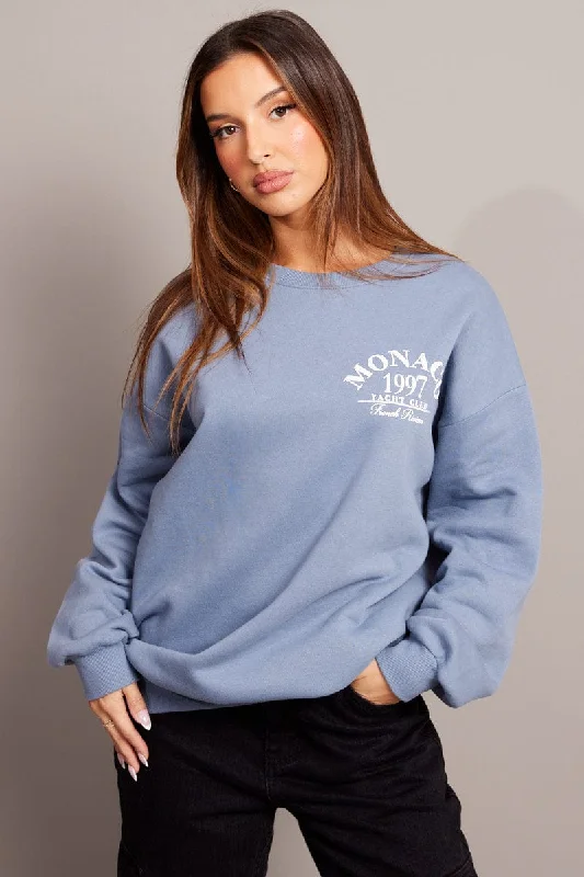 Blue Graphic Sweater Long Sleeve Mesh Fabric Canvas Fabric Denim Fabric