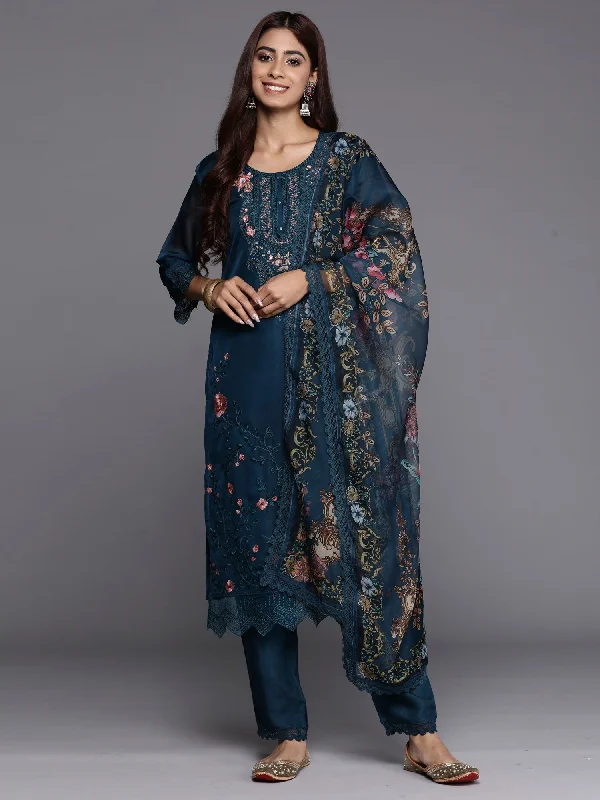 Women's Teal Embroidered Straight Kurta Trousers With Dupatta Set - Indo Era Trousers Low Rise Relaxed