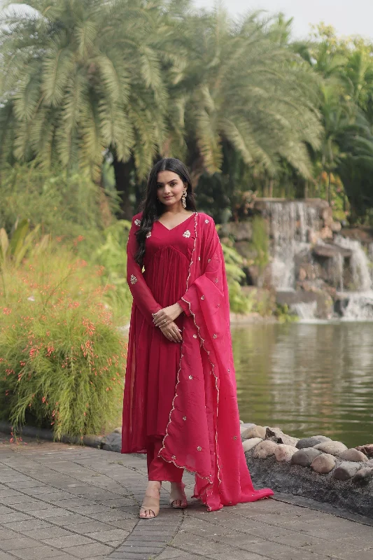 Women's Pink Faux Blooming Embroidered Kurta With Trouser & Dupatta - Jyoti Fashion Trousers Exclusive Limited