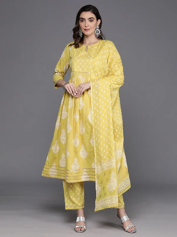 Women's Yellow Printed A-Line Kurta Trousers With Dupatta Set - Indo Era Skinny Trousers Denim Stretchy