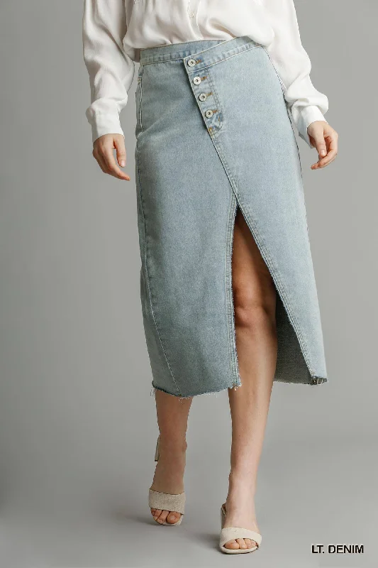 Asymmetrical Waist And Button Up Front Split Denim Skirt With Back Pockets And Unfinished Hem ruffled skirt detail