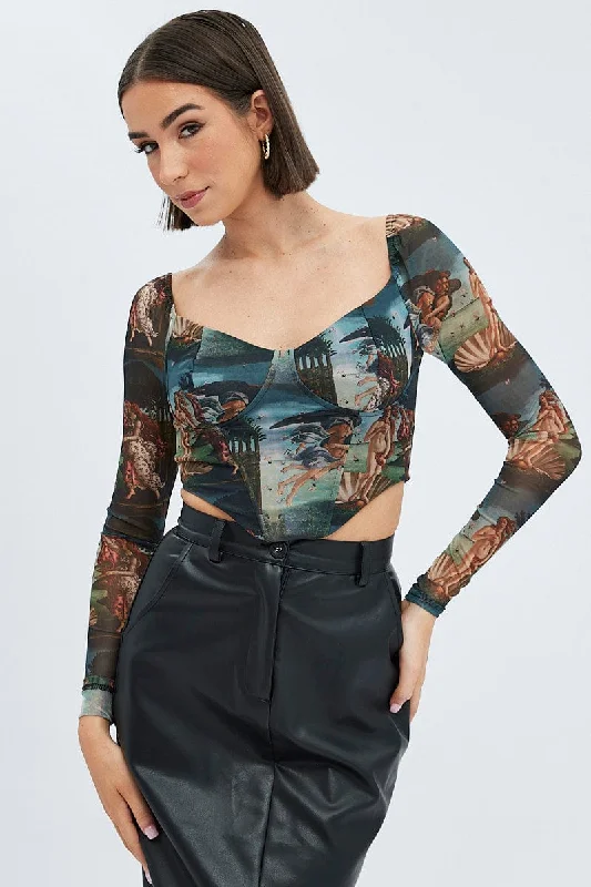 Multi Print Crop Top Long Sleeve Sweetheart Mesh Shirred Collared Crew Neck Turtle Neck