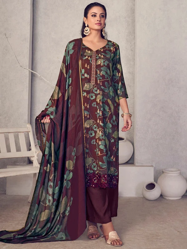 Women's Maroon Pure Pashmina Digital Print With Jacquard Woven Kurta With Trouser & Dupatta - Jyoti Fashion Trousers Fleece Cozy