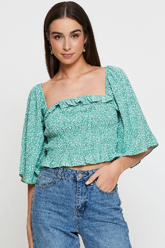 Green Print Crop Top Short Sleeve Crop Square Neck Spandex Blend Rayon Blend Denim Blend