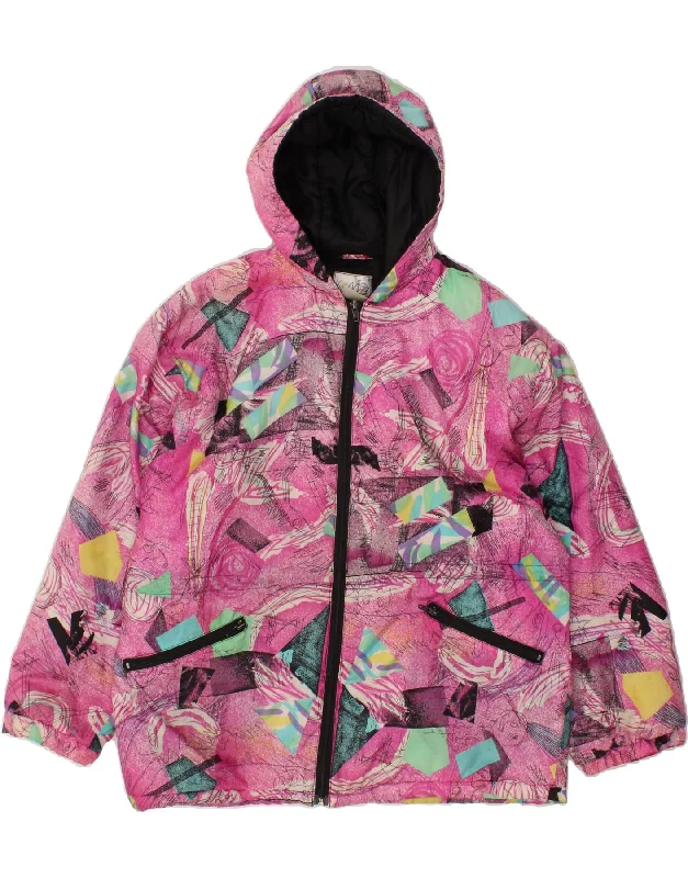 VINTAGE Womens Abstract Pattern Hooded Windbreaker Jacket UK 18 XL Pink One-Shoulder Jacket Off-the-Shoulder Jacket Asymmetrical Jacket