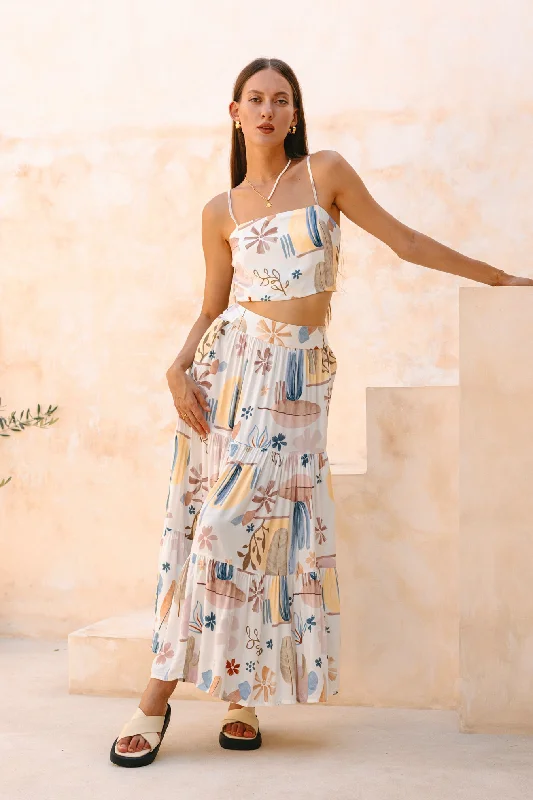 Nyra White Abstract Tiered Maxi Skirt leather skirt modern