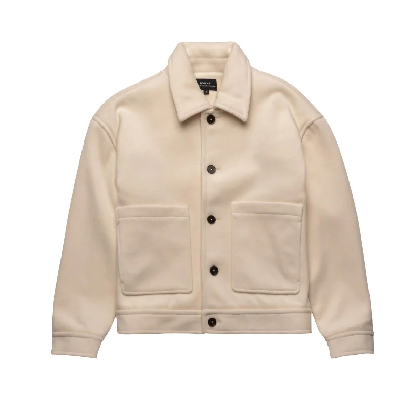 HOMME+ Cropped Wool Jacket Sand Notch Collar Peter Pan Collar Cowl Neck