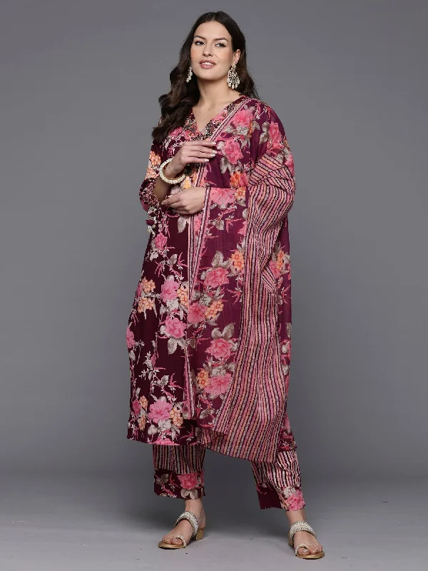 Women's Burgundy Printed Straight Kurta Trousers With Dupatta Set - Indo Era Trousers Corduroy Warm