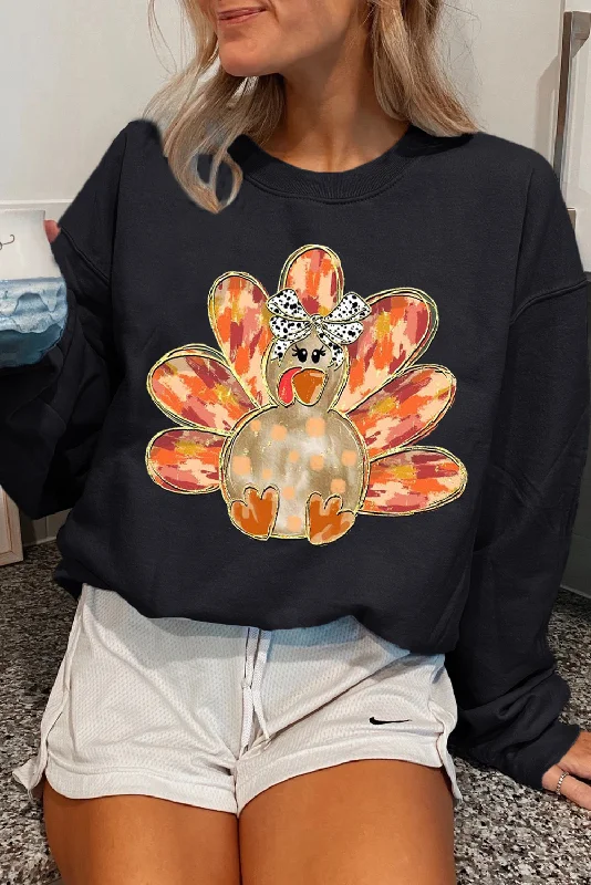 Black Thanksgiving Turkey Graphic Drop Shoulder Sweatshirt Hoodie with Crew Neck Simple Timeless
