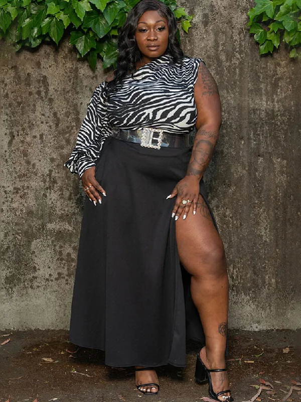 Two Piece Zebra Print One Shoulder Split Skirt Suits lace skirt feminine
